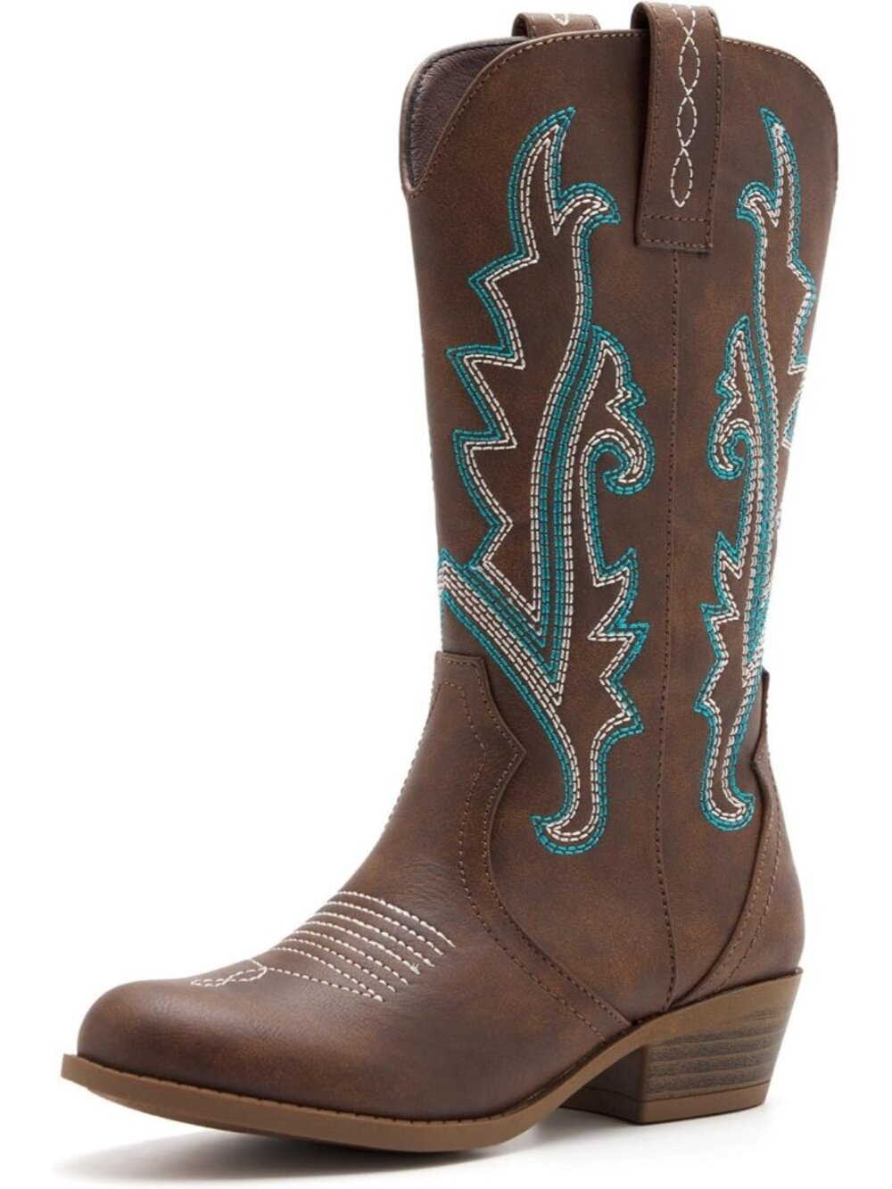 Women's Brown Rubber Western Embroidered Cowgirl Mid Calf Stylish Riding Boots